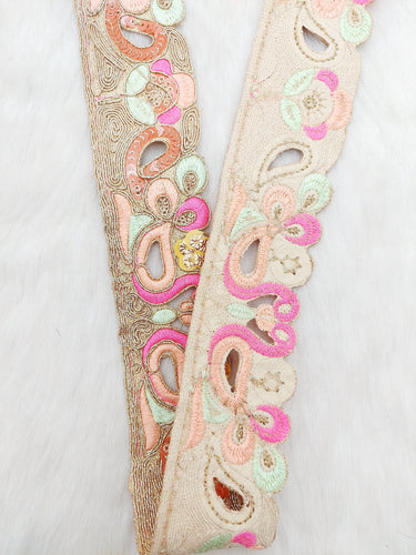 Cutwork Lace Trim With Intricate Hand Embroidered Swans In Pink and Zardozi Embroidery, Floral Trims, Sari Border